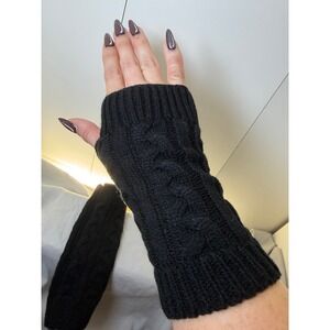 Black Cable Knit Fingerless Gloves Arm Warmers Winter Hand Warmers One Size